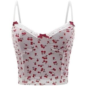 NEW Romwe Womens Cherry Fruit Print Lace Trim Coquette Y2K Mesh Cami Top Size S